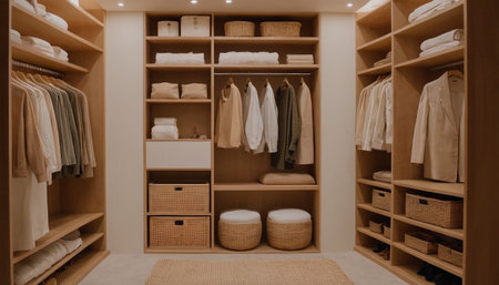 Interior of a modern wardrobe with wooden shelves and white furniture.の素材