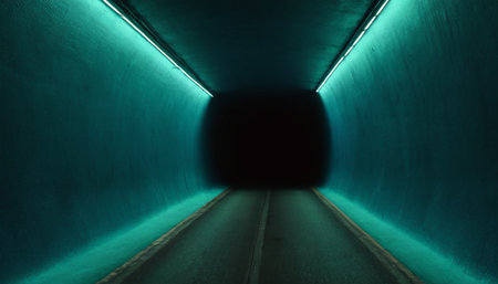 3d rendering of an empty road in a tunnel with blue lightの素材