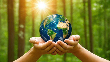 Hands holding Earth globe on green forest background. Save the earth conceptの素材