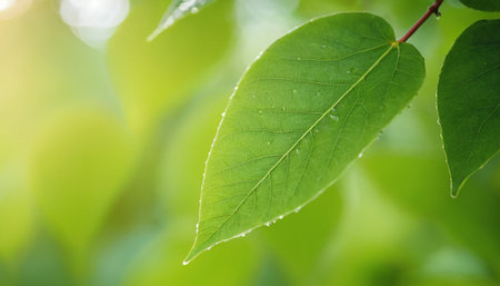Green leaf with water drop on blurred greenery background, selective focusの素材