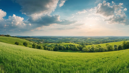 Panoramic view of green fields and hills in Tuscany, Italyの素材