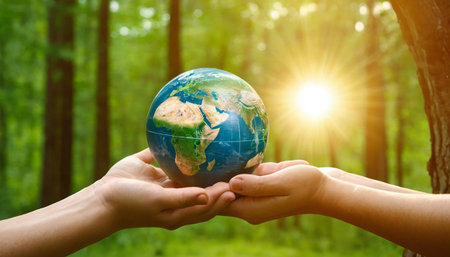 Hands holding Earth globe in forest. Save the earth concept.の素材