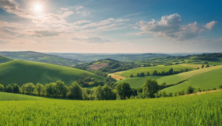 Panoramic view of rolling hills in Tuscany, Italyの素材