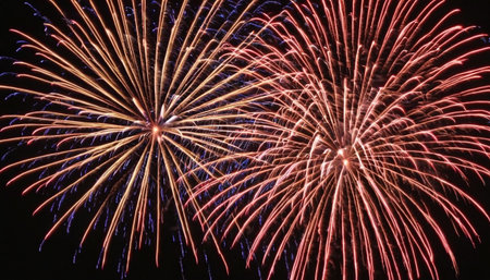 Colorful fireworks of various colors over night sky, celebrating New Year and Christmasの素材