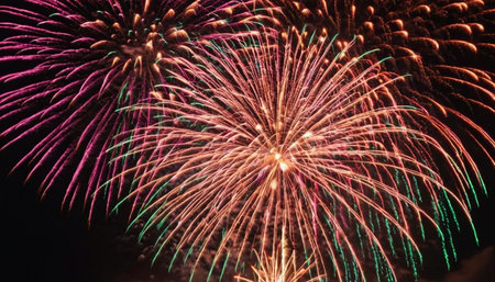Colorful fireworks of various colors over night sky, celebration and anniversary conceptの素材
