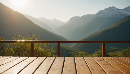 Wooden terrace with view of the mountains in the background.の素材