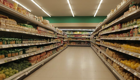 Supermarket aisle with fruits and vegetables in a shopping mall. Shallow depth of field.の素材