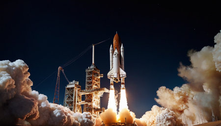 Space shuttle taking off from the space station at night. Concept of business successの素材