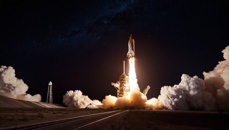 Rocket taking off into space. Mixed media. Mixed media. Mixed mediaの素材