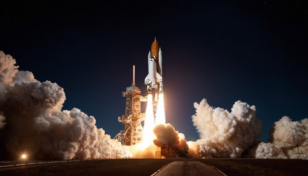 Space shuttle taking off into the night sky. 3d rendering.の素材