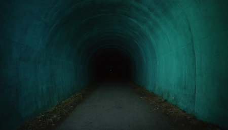 A dark tunnel with a light coming from the end of it.の素材