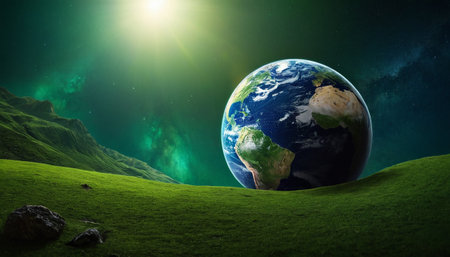 Planet Earth in the green field. Elements of this image furnished by NASAの素材