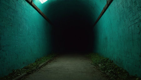 3d rendering of a dark corridor with green light coming through itの素材