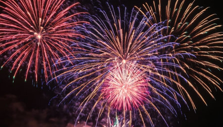 Colorful fireworks of various colors over night sky, celebration and anniversary conceptの素材