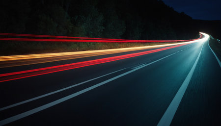 lights of moving cars at night. long exposure red, blue, greenの素材