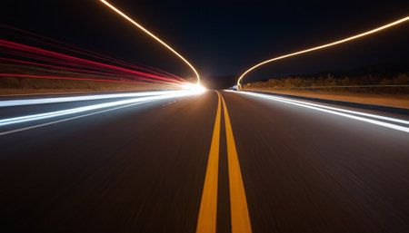 Car light trails on the road at night. Long exposure photo.の素材