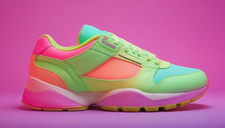 Pair of pink and green sneakers on a pink background. Close-up.の素材