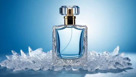 Perfume bottle with ice cubes on blue background. 3d illustrationの素材