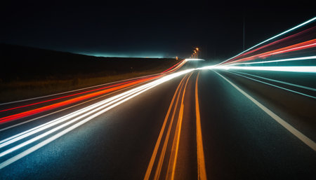 lights of cars with night. long exposure, light trails on the roadの素材