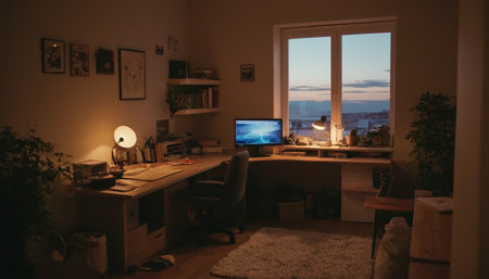 Interior of a home office at night with a view of the cityの素材