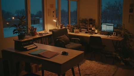 Interior of a room in a house at night with a computerの素材