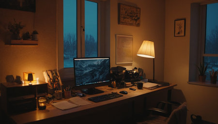 Night shot of the interior of a modern office. Workplace with computer, coffee and other itemsの素材