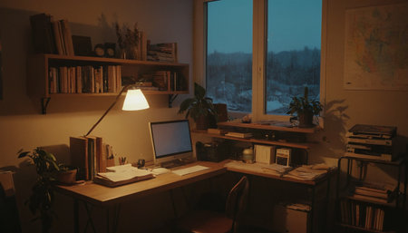 Working space with computer and bookshelf in dark room at nightの素材