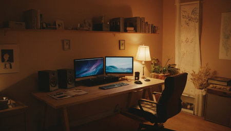 Working place at night. Workplace with computer, desk and lampの素材