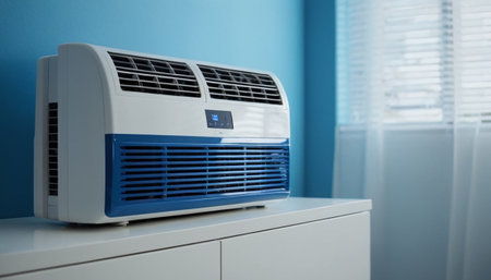 Modern air conditioner on table in room, closeup. Interior designの素材