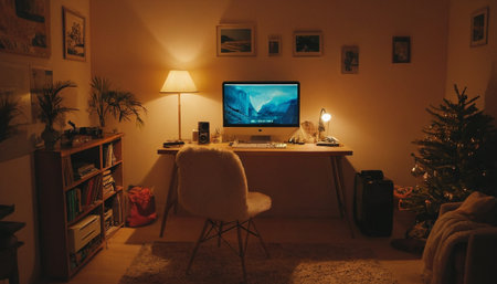 Interior of a home office with christmas tree in the backgroundの素材
