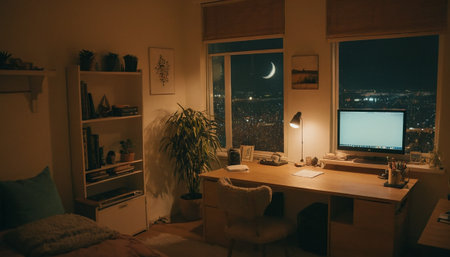 Interior of a room at night with a view of the cityの素材
