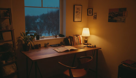 Interior of a home office with a desk, lamp and booksの素材
