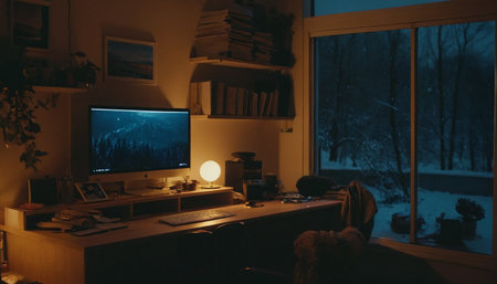 Night view of the interior of a cozy home office with a computer.の素材