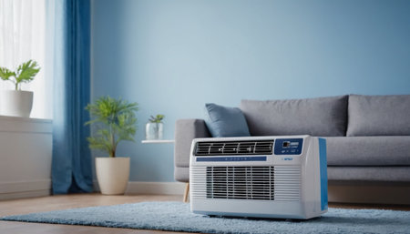 Modern air conditioner on the floor in the living room at homeの素材