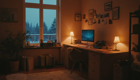Interior of a room with a computer on the desk in the eveningの素材