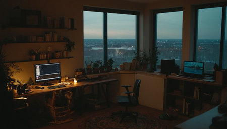 Modern office interior with night city view from window. Workplace with computer, coffee cup, books and other items on desk. Dark toned imageの素材