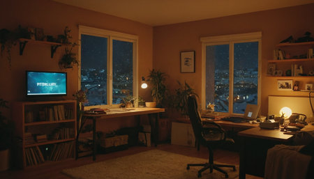 Interior of a room with a view of the city at nightの素材
