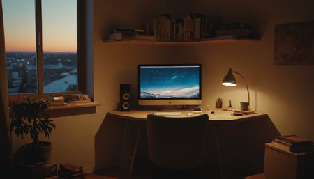 Modern interior of a living room with a computer, books and a view of the cityの素材