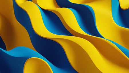 Abstract 3d rendering of wavy surface. Creative background with blue and yellow wavesの素材