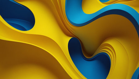 3d rendering of abstract wavy background with blue and yellow elementsの素材