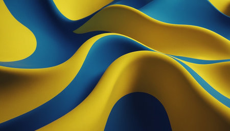 3d rendering of a blue and yellow wavy background with some foldsの素材