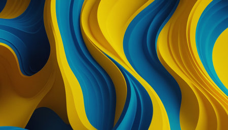 3d rendering of abstract wavy background with blue and yellow colorsの素材