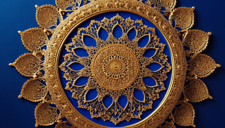 golden mandala on a blue background. close-up.の素材