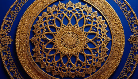Golden pattern on the blue wall,Thai art style background.の素材