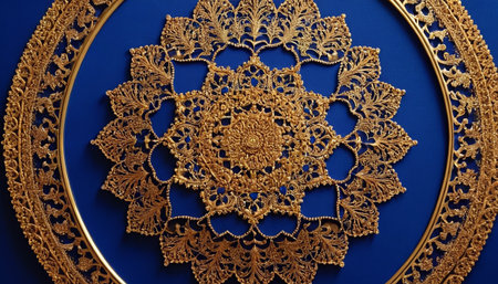 Luxury gold ornament on a blue background. 3d renderingの素材