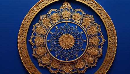Beautiful gold ornament on blue background. Decorative element for designの素材