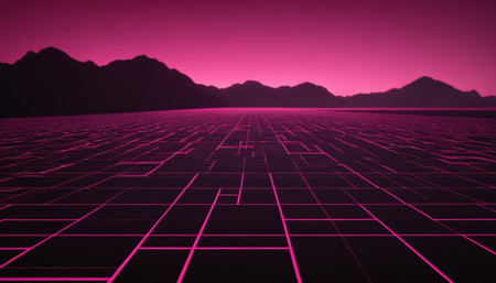 Futuristic technology background with glowing lines and mountains. 3d renderingの素材