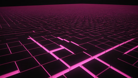 3d rendering of abstract geometric composition, square tiles with glowing neon linesの素材