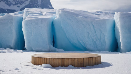 Wooden table in front of icebergs in Jokulsarlon glacier, Icelandの素材