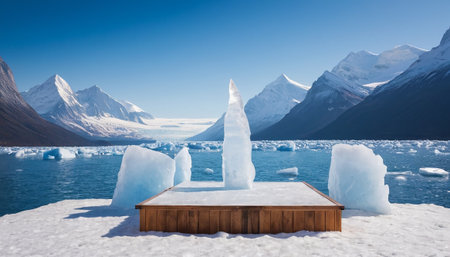 Wooden table in front of icebergs in Glacier Lagoon, Patagonia, Argentinaの素材